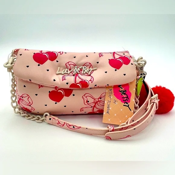 BETSEY JOHNSON Pink Bow LBCORAL Cherries Hearts Crossbody Purse with Pom Pom - Picture 1 of 9